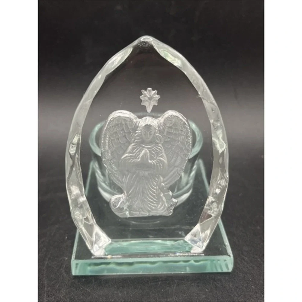Angel Glass Candle Holder Paperweight Tea Light Etched‎ Engraved Prayer Vintage